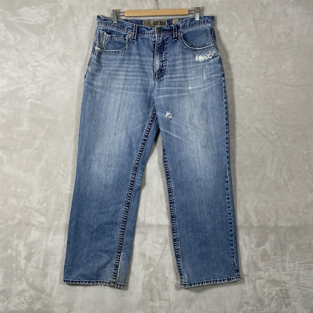 BKE Seth Jeans Mens 36x32 (fit 35x30) DISTRESSED Y2K Whisker Fade‎ Worn-in